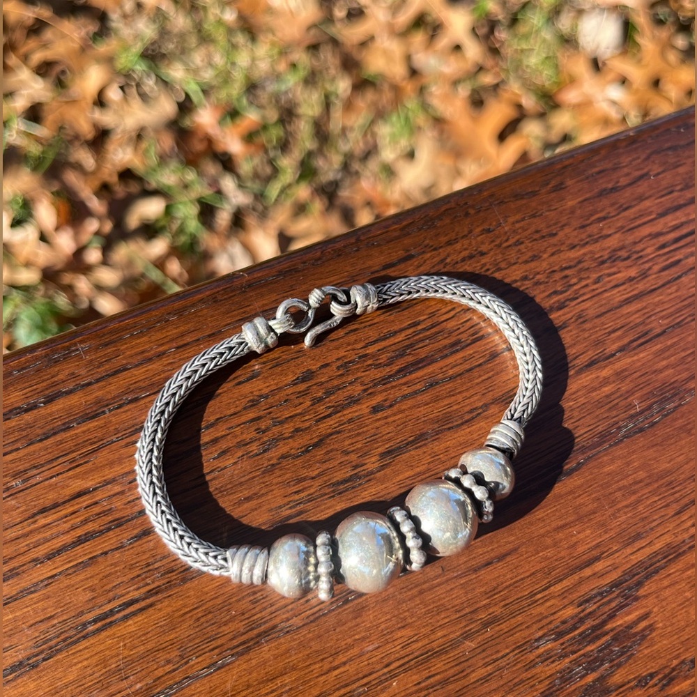 Vintage Sterling Silver Wheat Link Beaded Bracelet
